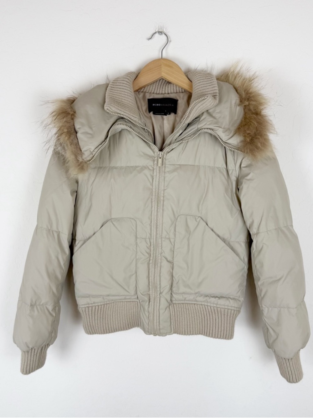 BCBGMAXAZRIA Duck Down Jacket with Raccoon Fur Collar
